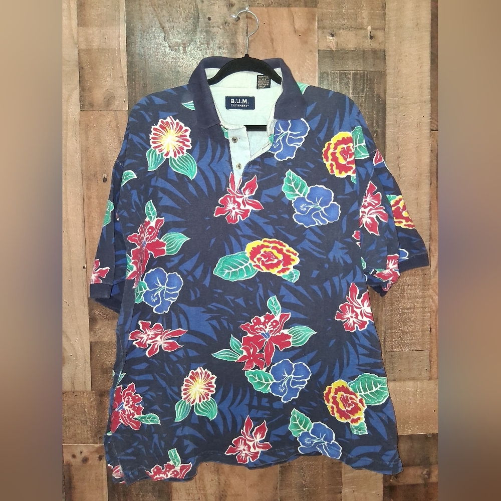 Vintage BUM Equipment 90s Polo Floral Cotton Short Sleeve Shirt Size XL Mens